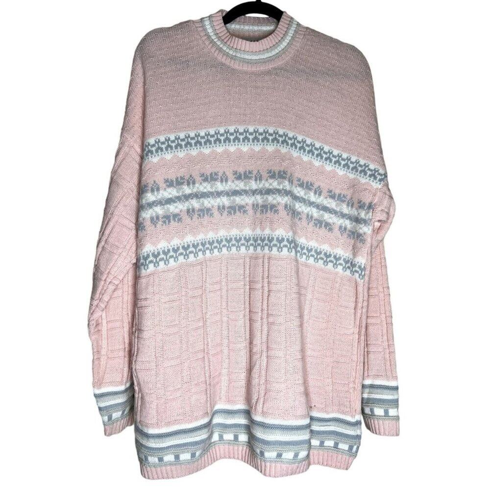 VTG Basic Editions Knitted Sweater Pink Grey Woman's Size Large Pink Pullover Lo